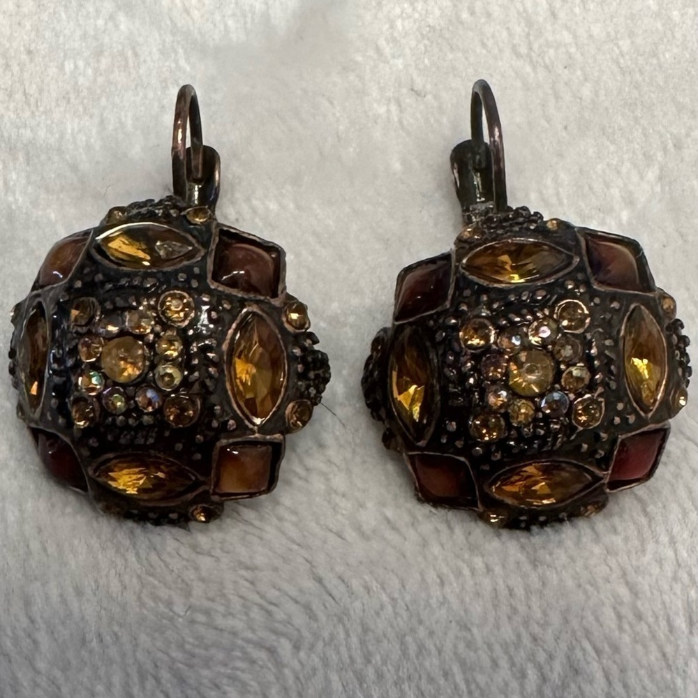 Vintage Bronze Tone Orange Amber Brown Cluster Stone Round Drop Earrings